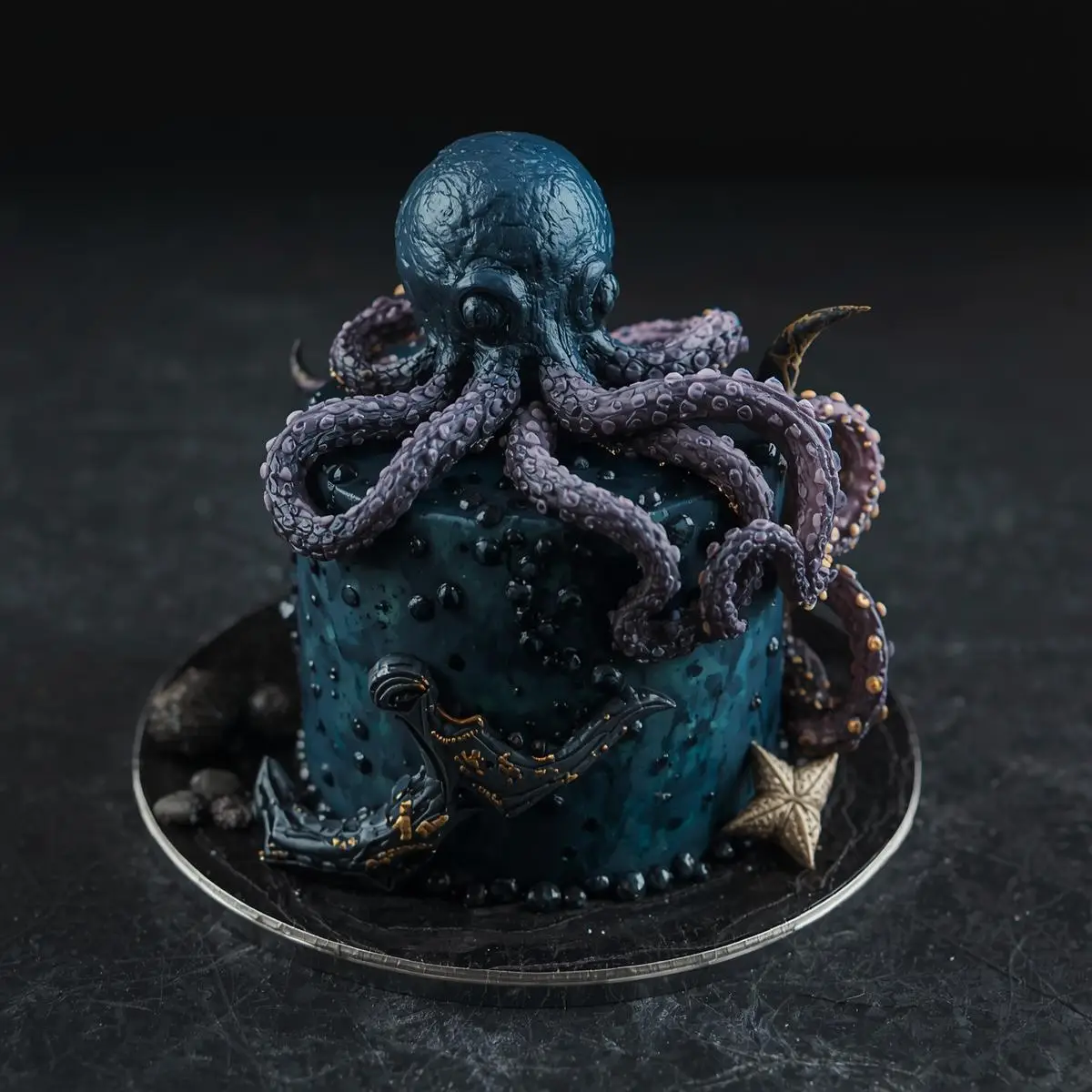 design a mini cake with an octopus monster (kraken) concept. you can also put an anchor on one side.