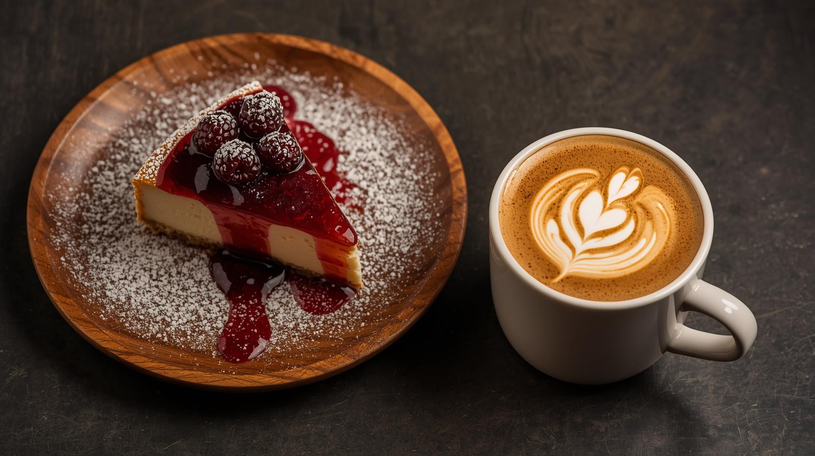 a photo of cheesecake & cappuccino